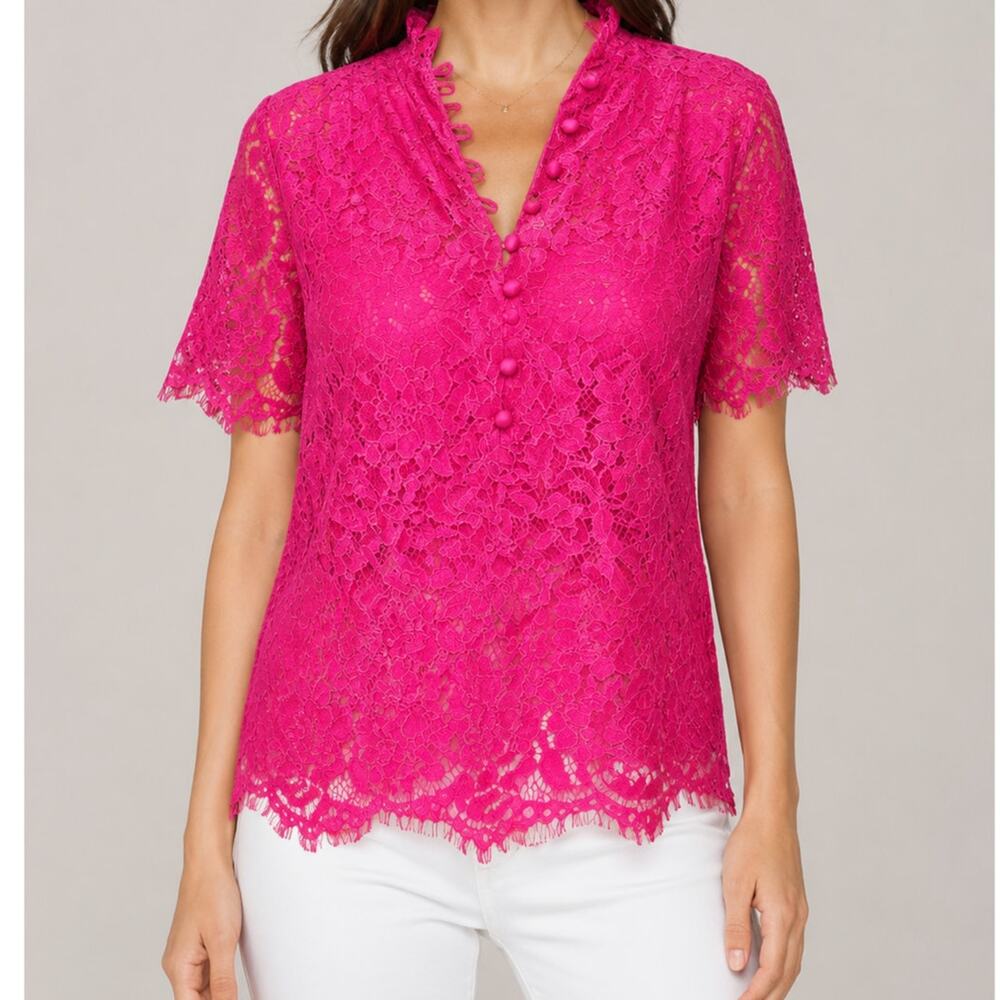 Generation Love Lace Top Womens Small Hot Pink Floral V Neck Unlined Romantic